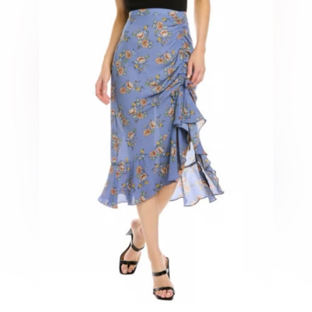 MAX STUDIO Bubble Crepe Side Cinched Skirt Blue Floral Size Large (runs smaller)
